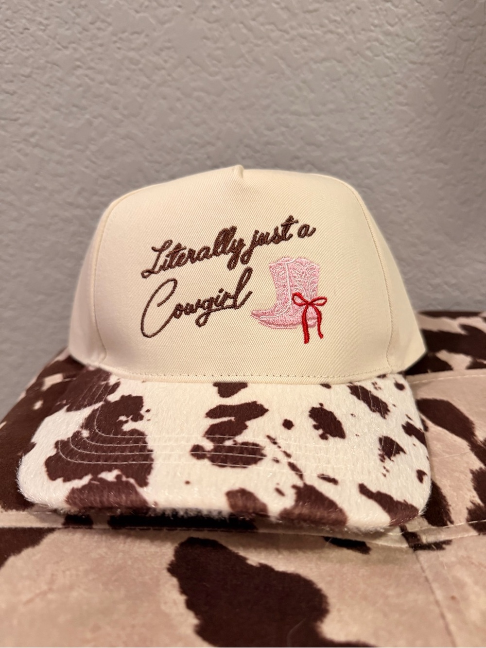 Cream Cowgirl Trucker Hat with Pink Boot Embroidery